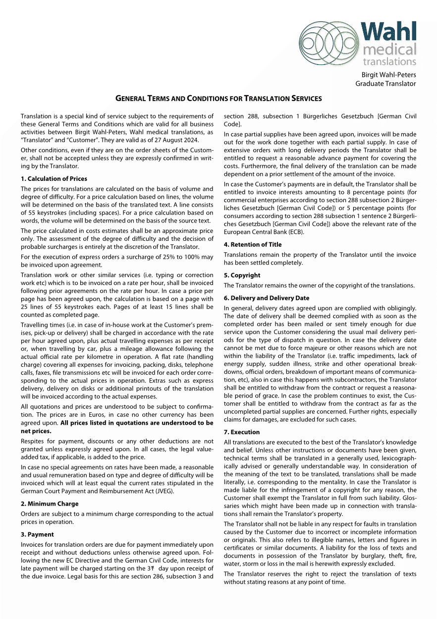 GENERAL TERMS AND CONDITIONS FOR TRANSLATION SERVICES
